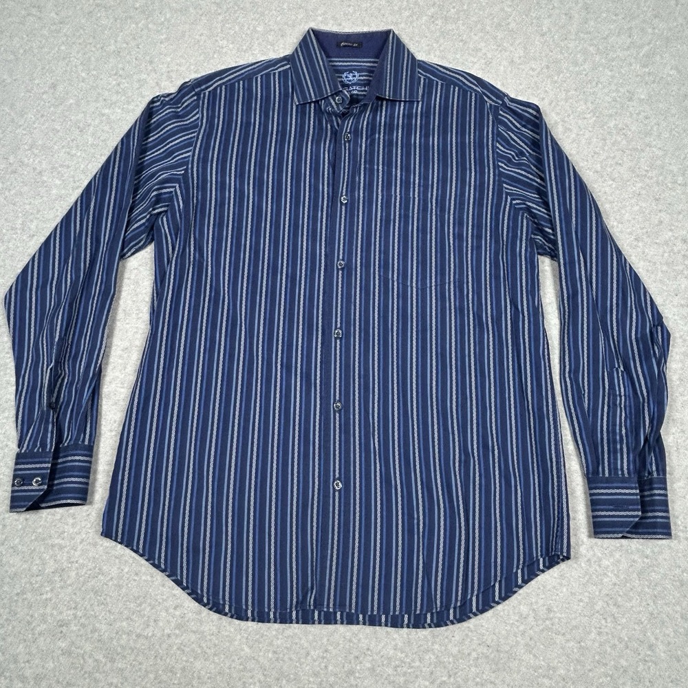 Bugatchi Size XL Blue Classic Fit Striped Print Cotton Button Up Shirt - Picture 2 of 8